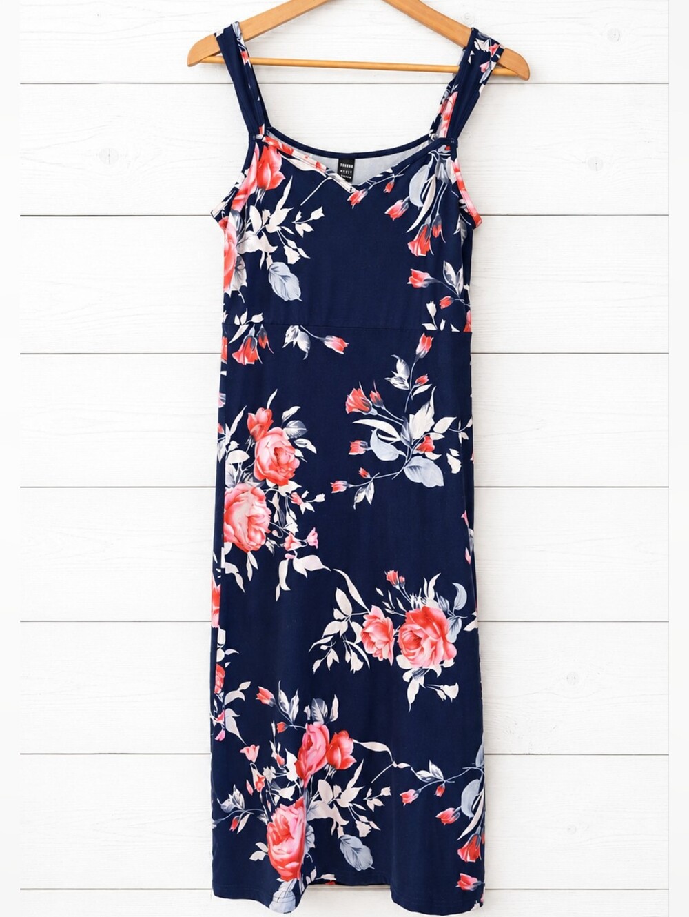 Navy Floral Midi Dress with Pink Rose Print Size M